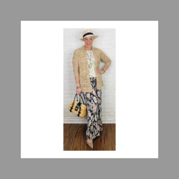 Joan Rivers Women's Crochet Stripe Knit Cardigan Small S Khaki Tan A591224 - Picture 2 of 7